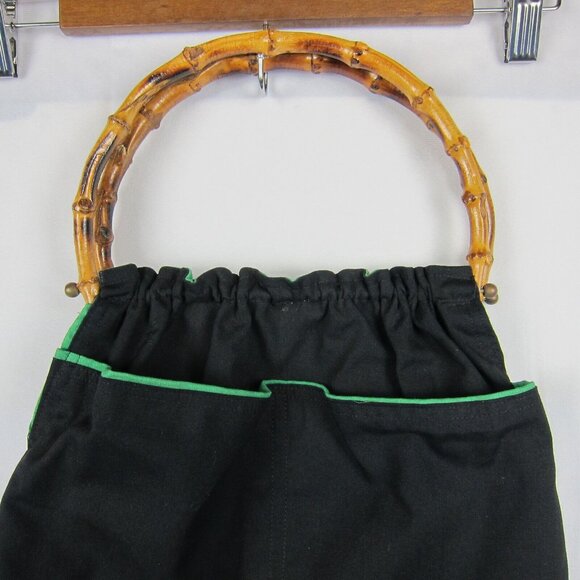 Vintage Tulip Appliqué Bamboo Handle Blue & Green Fabric Handbag Spring 80's - Picture 7 of 9